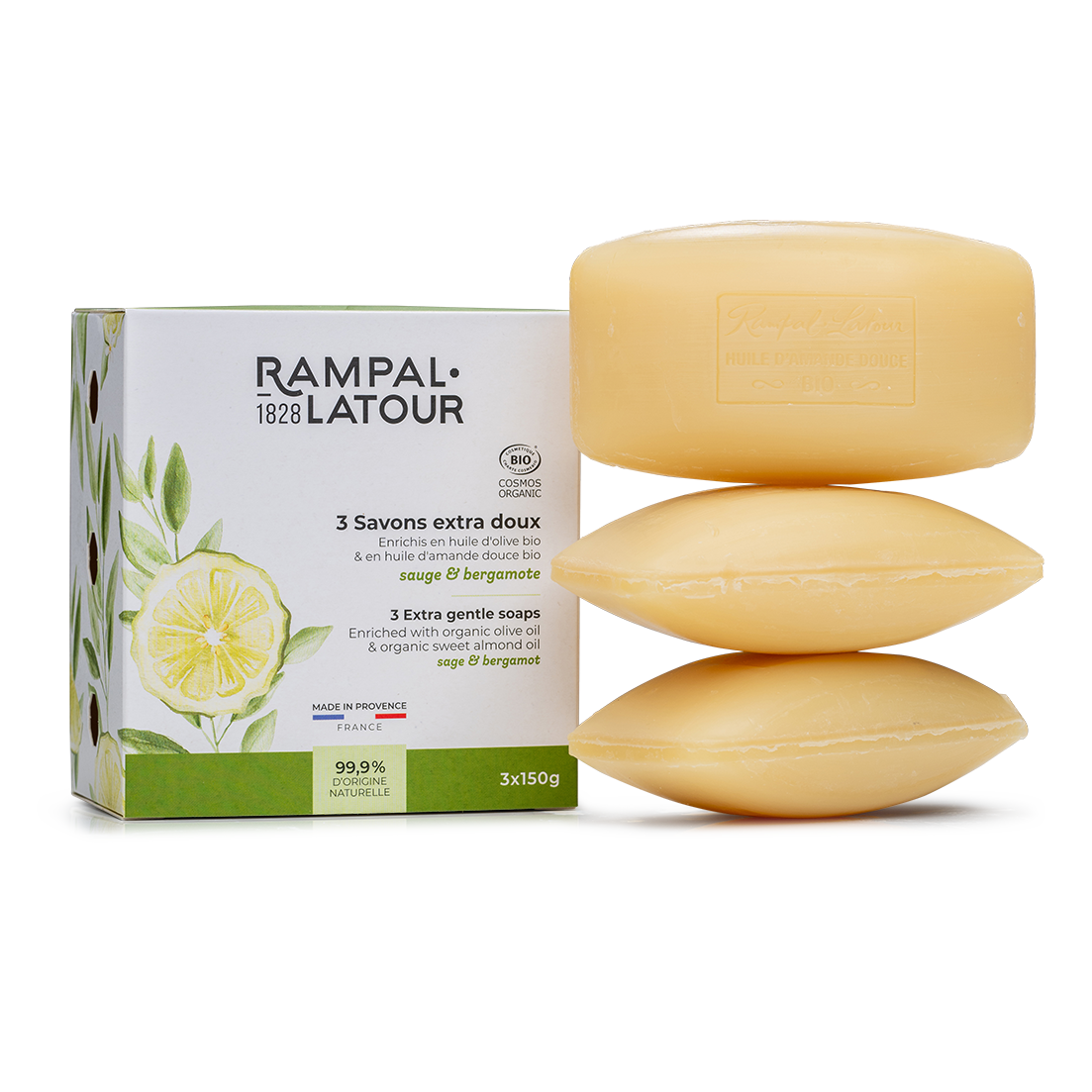 Savons surgras certifiés bio Sauge-Bergamote 3x150g - Cosmos Organic