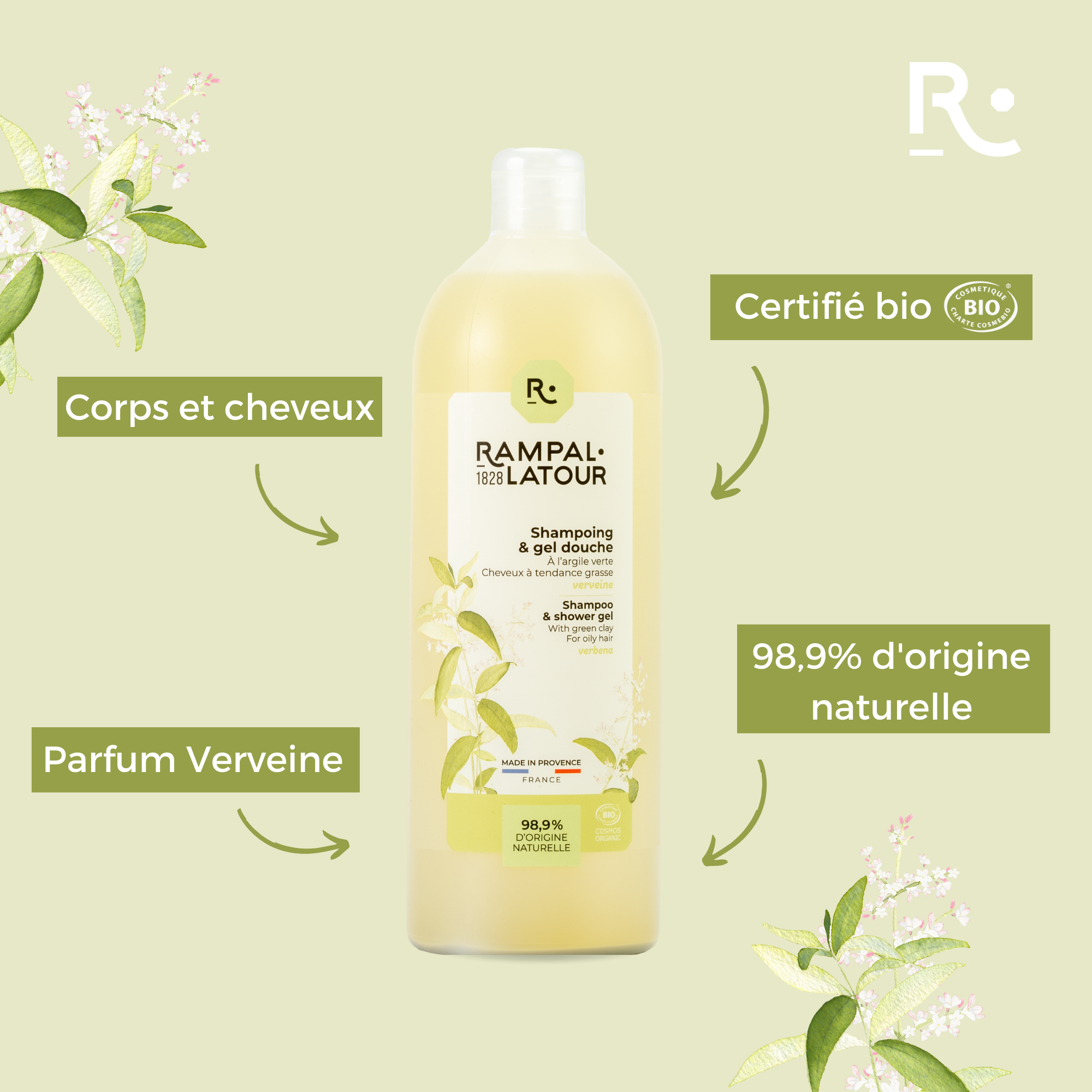 Shampoing douche certifié bio Argile-Verveine 1L - Cosmos Organic
