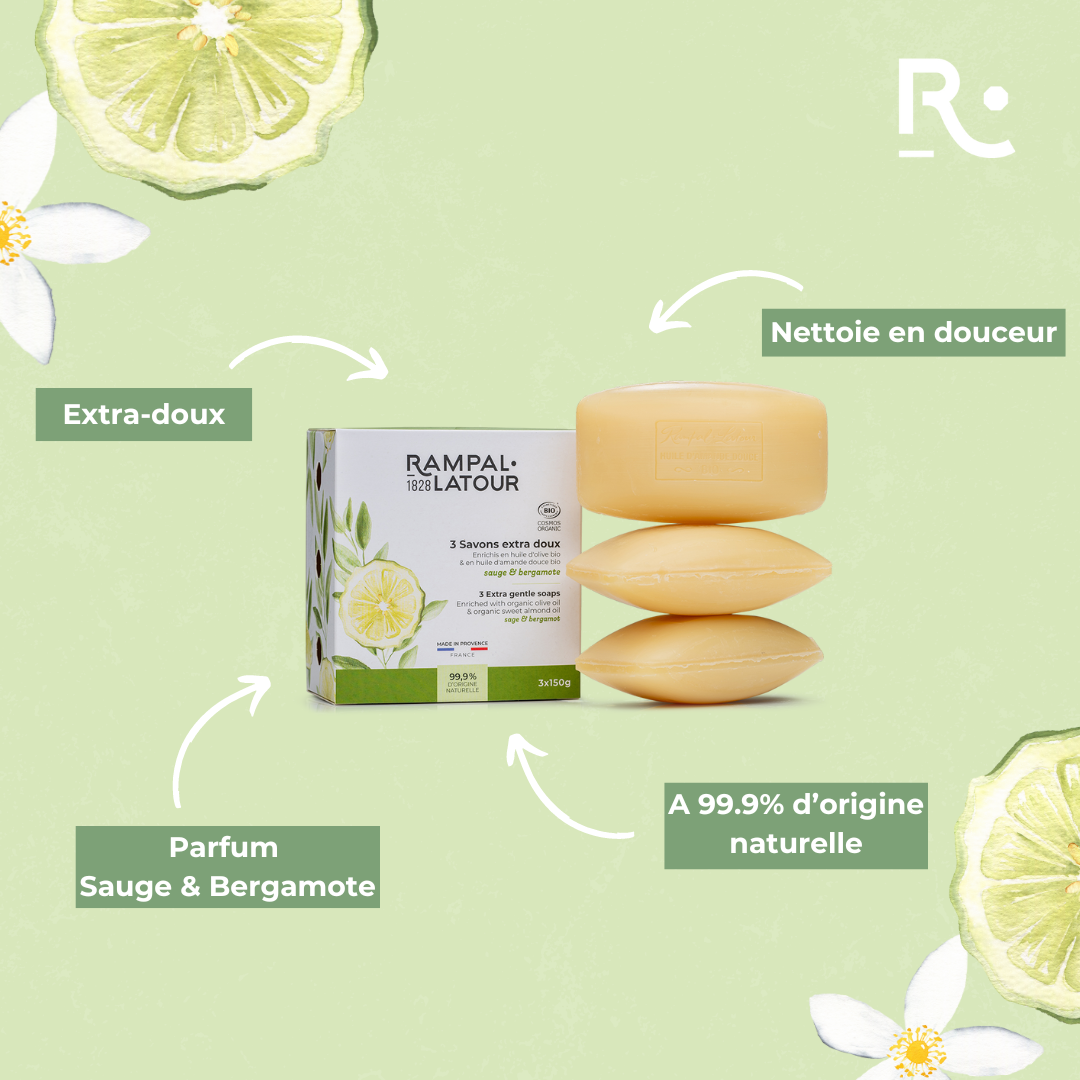Savons surgras certifiés bio Sauge-Bergamote 3x150g - Cosmos Organic