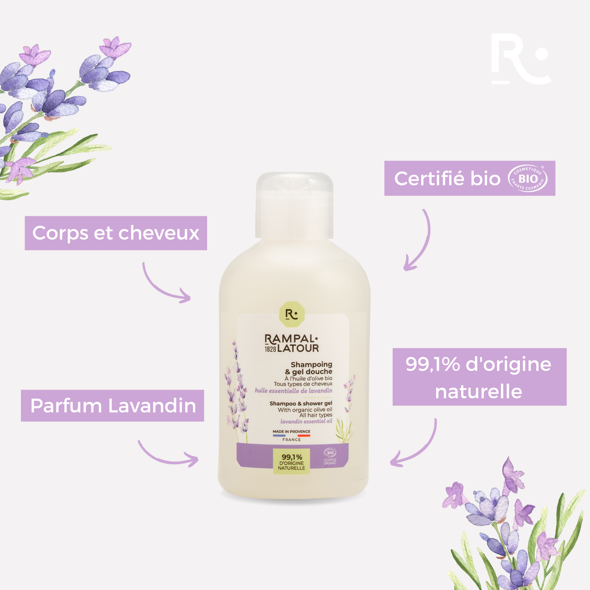 Shampoing douche certifié bio Lavandin 250ml - Cosmos Organic