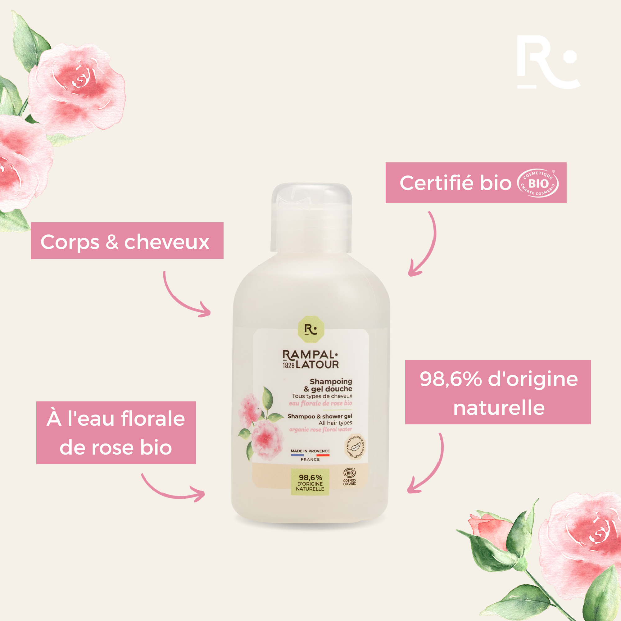 Shampoing douche certifié bio Rose de Damas 250ml - Cosmos Organic