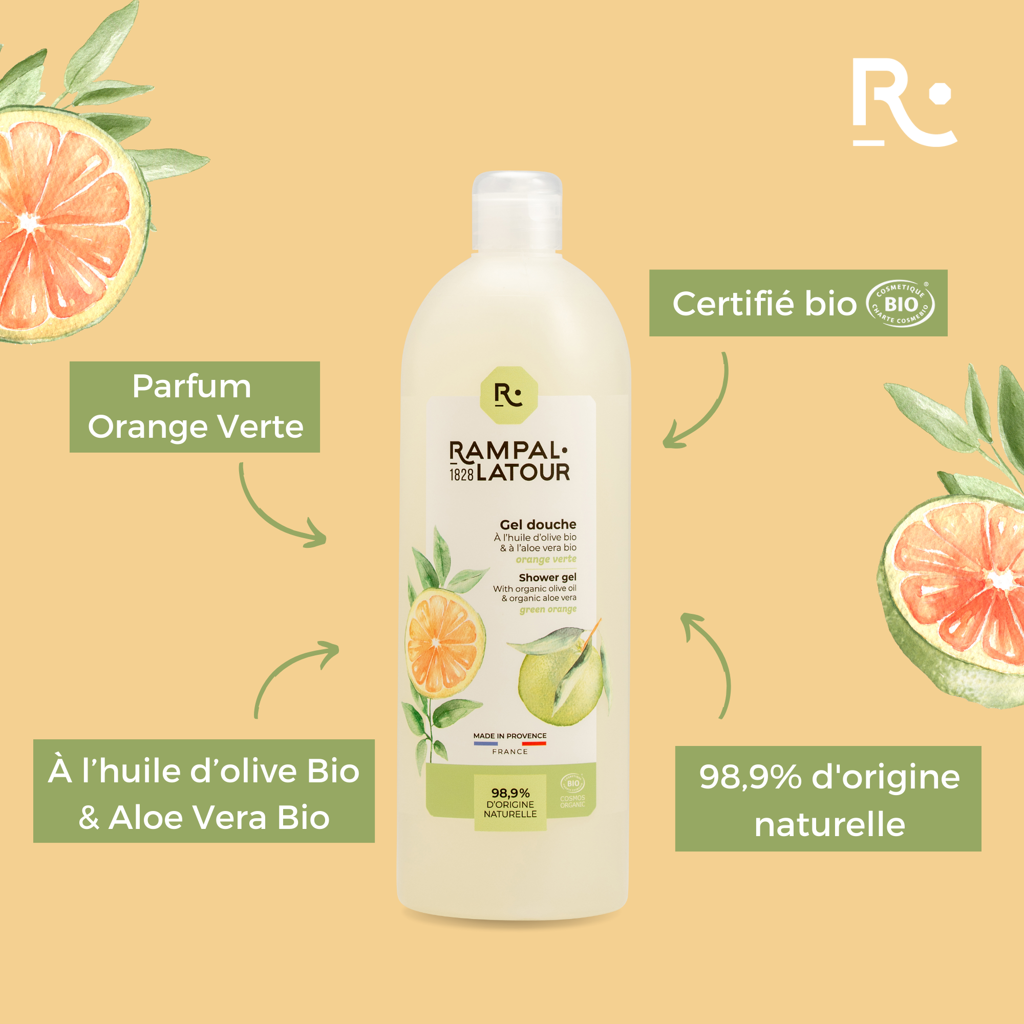 Gel douche certifié bio Orange verte 1L - Cosmos Organic