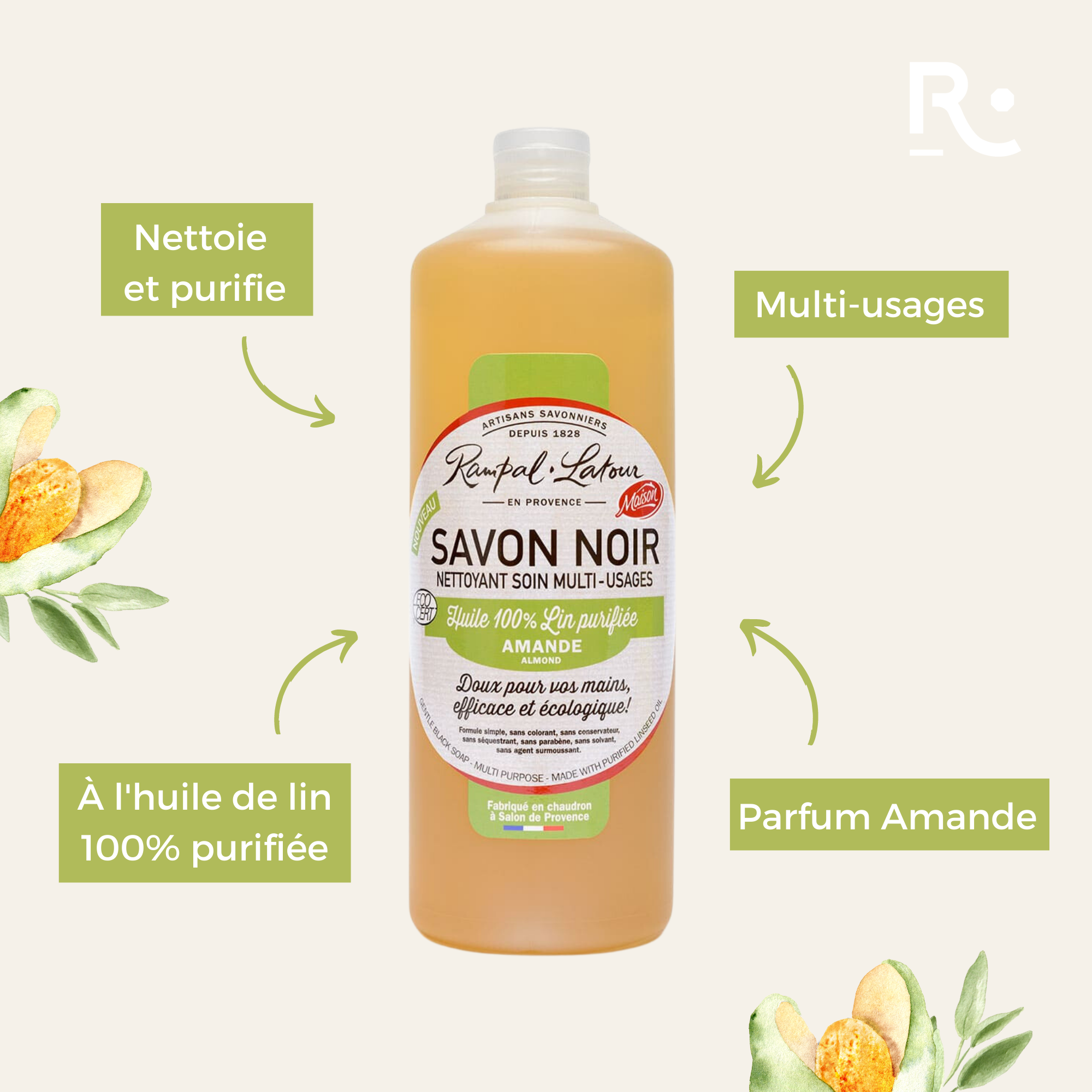 Savon noir à l'huile de lin Amande 1L - Ecodétergent